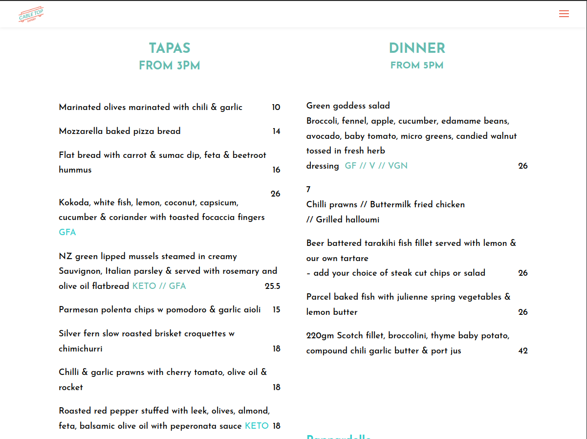 Cable Top Eatery: Dinner Menu